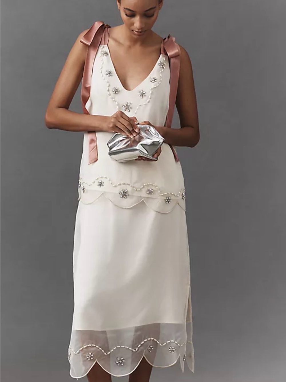 Anthropologie Ivory Midi Slip Dress with Rose Ribbon Straps